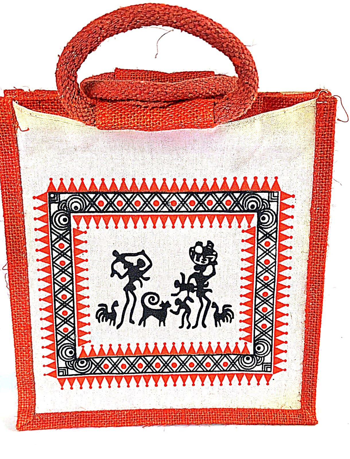Handcrafted Jute Tote Bag with Tribal Art