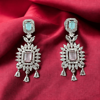 ELLNORA'S Silver-Plated American Diamond Earrings with Pink & Blue Gemstones