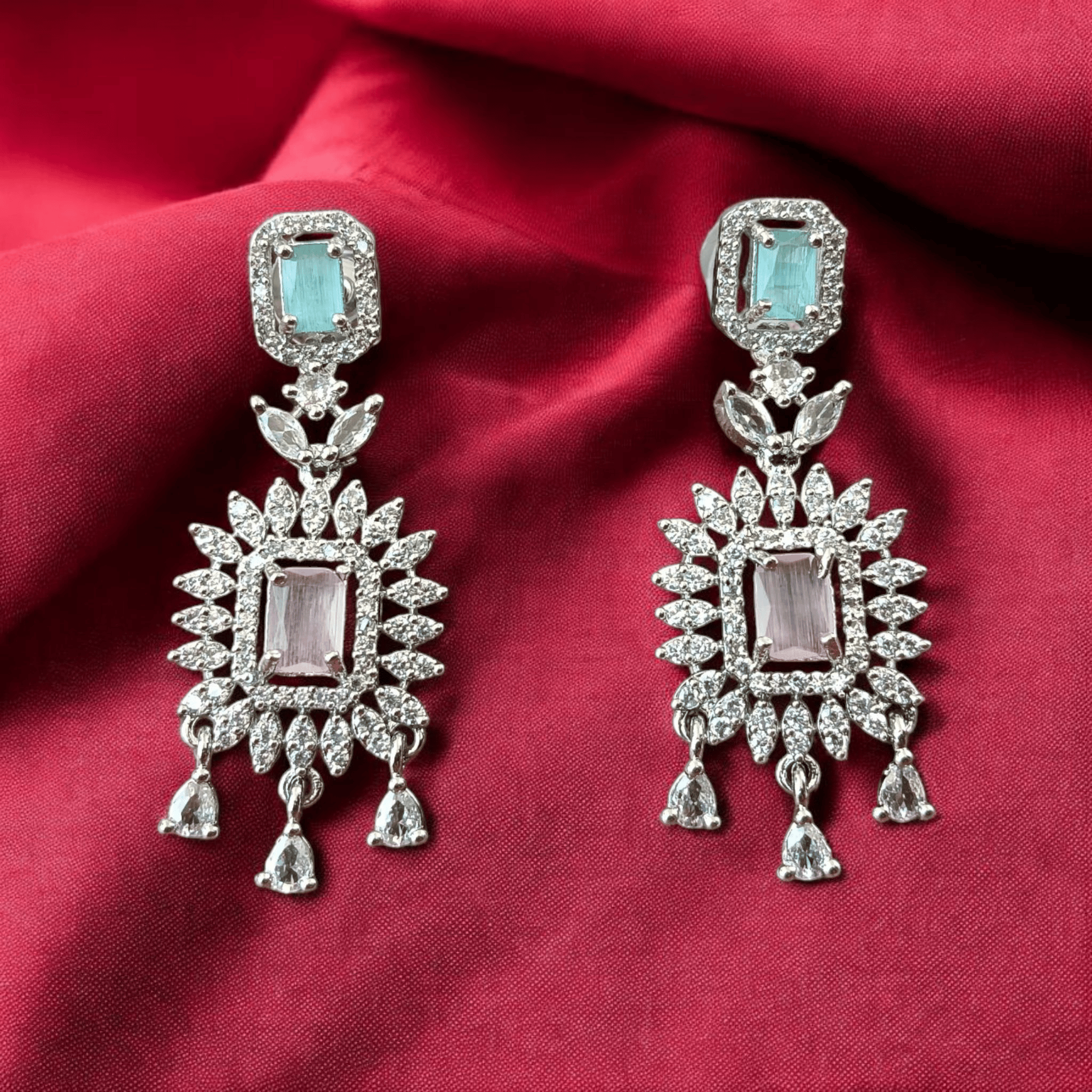 ELLNORA'S Silver-Plated American Diamond Earrings with Pink & Blue Gemstones