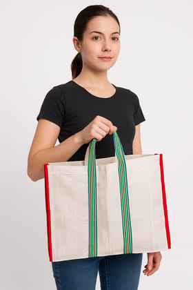 White Woven Sack with Red Trim - Durable Shopping Bag