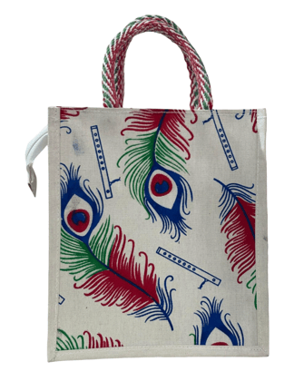 Peacock Feather Printed Jute Bag - Eco-Friendly Tote (T)