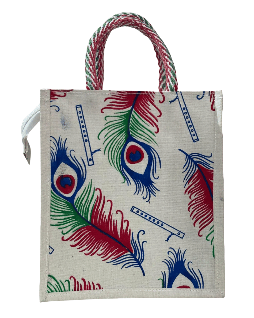 Peacock Feather Printed Jute Bag - Eco-Friendly Tote (T)