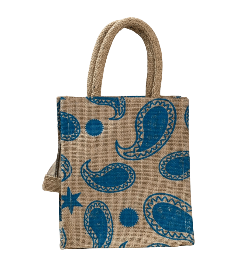 Teal Paisley Jute Hand bag - Eco-Friendly Tote Bag (T)