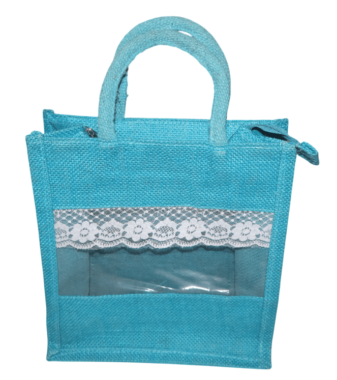 Turquoise Jute Bag with Lace Trim and Window