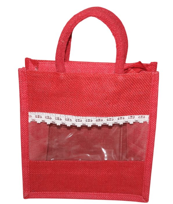 Red Jute Bag with Lace Trim - Eco-Friendly Tote
