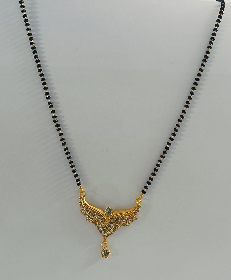 Gold Plated Short Black Beads with White Stone Pendant