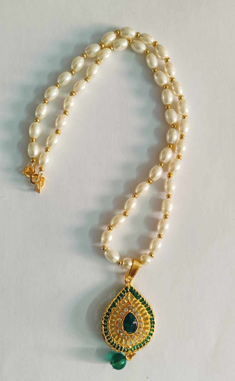 White Pearl with Green Stone Pendant
