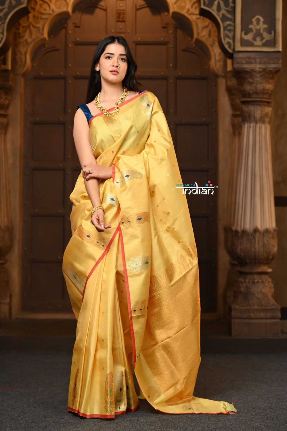 Parampara Premium ~ Gadwal Pure Silk Handloom Saree in Delight Yellow with Real Zari