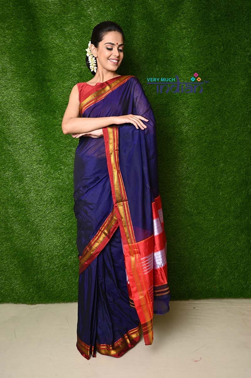 Traditional Cotton Silk Ilkal Handloom - Dark Blue with Red Border