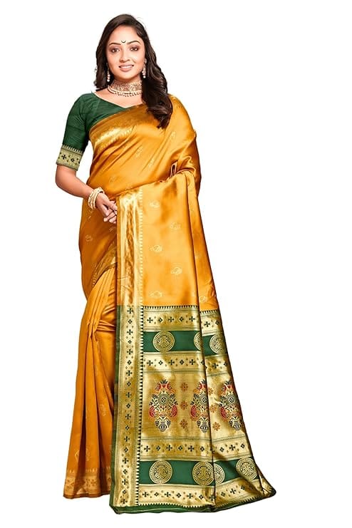 Women's Pure Kanjivaram Silk Saree Soft Paithani Wedding Sarees With Blouse Piece (Nath paithani)