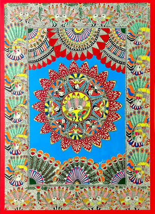 Traditional Madhubani Painting – Mandala with Peacocks and Floral Motifs