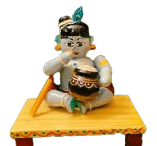 Handcrafted Krishna Idol with Butter Pot Wooden Toy Set