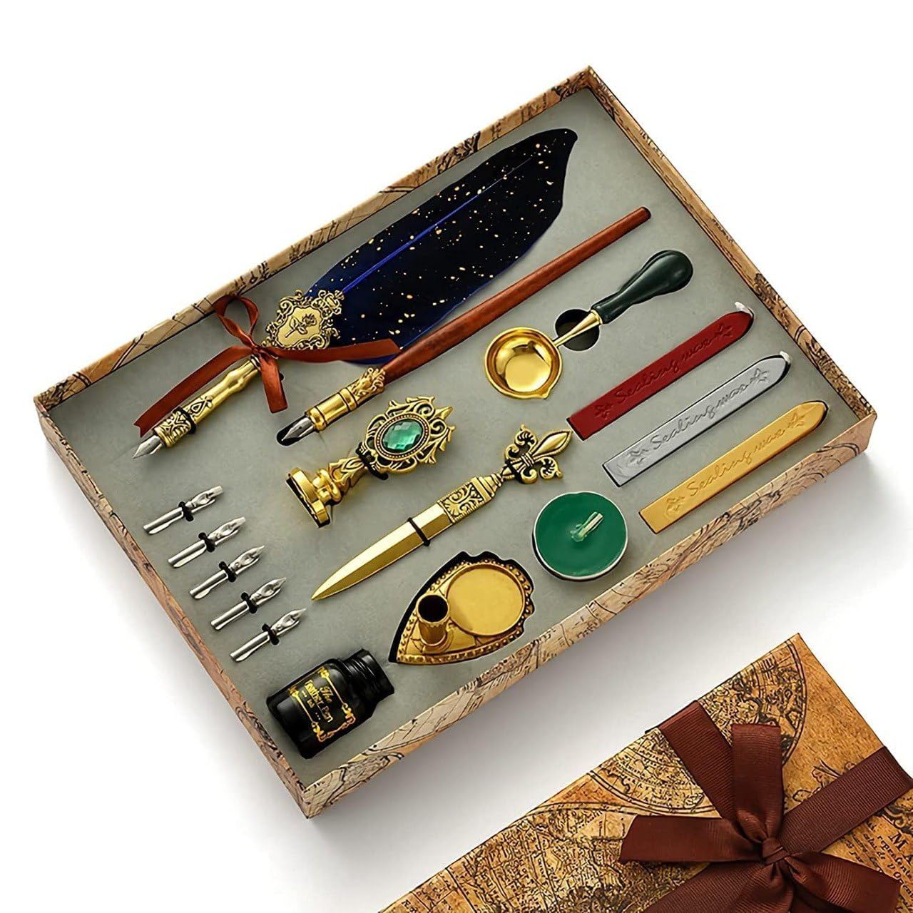 Quill Pen Ink Wax Seal Stamp Gift Set, Feather Pen Ink Set Includes Feather Dip Pen,Ink,5 Replacement Nibs,3 Wax Seal Sticks,Pen Nib Base,Seal Stamp, White Wax,Spoon, Valentine Gift