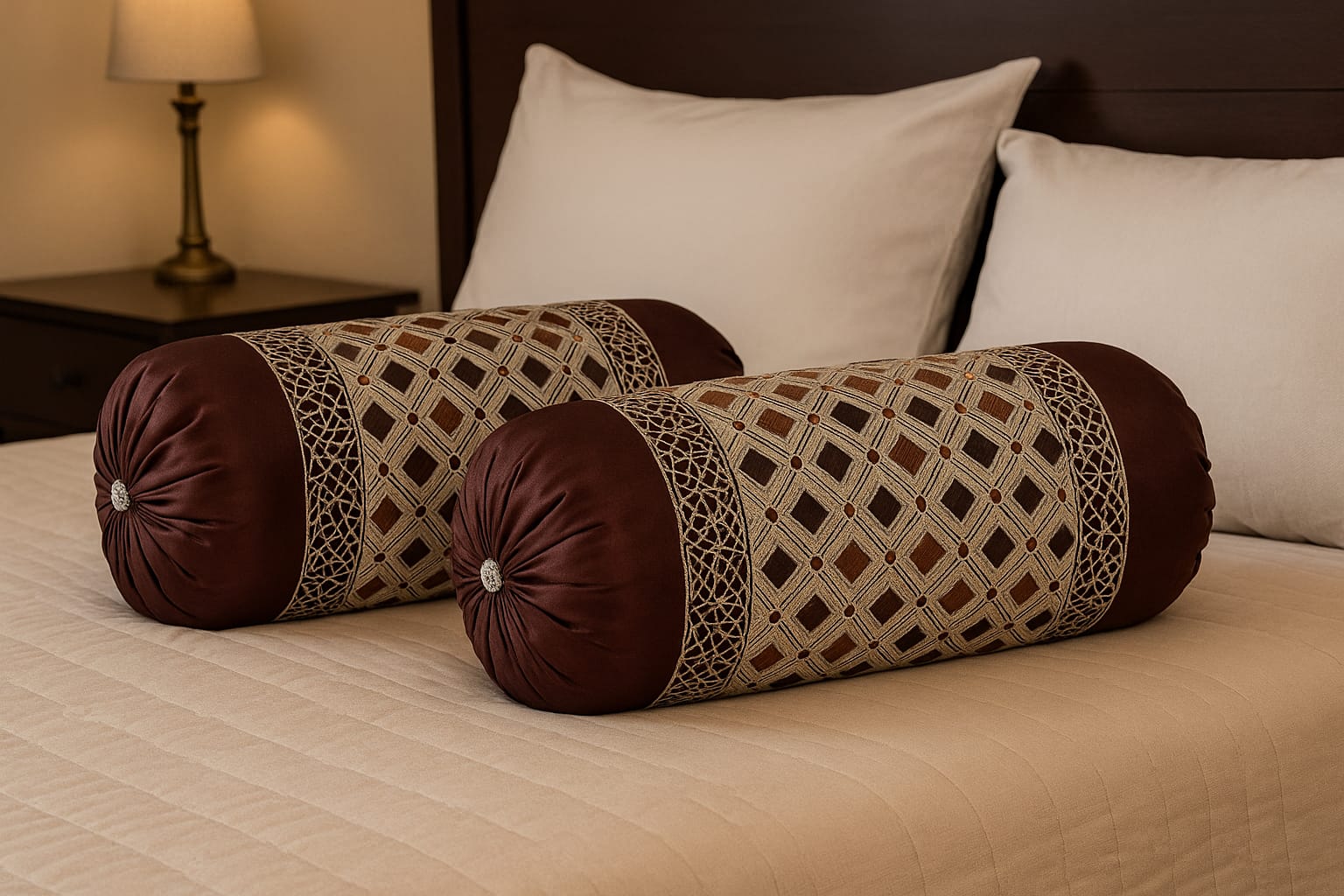 Burgundy Decorative Bolster Pillows with Geometric Pattern