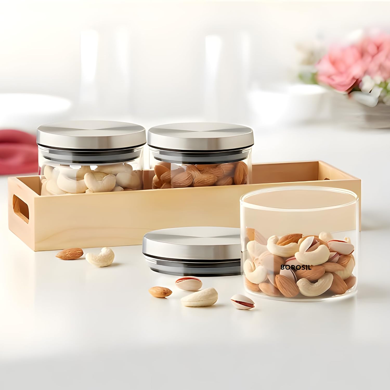 Borosil Classic Glass Jar with Wooden Tray, Air-Tight Storage Container For Kitchen, Glass Jar For Storing Spices, Snacks, Grains, Dals, Set of 3 (300 ml each) with Wooden Tray, Clear