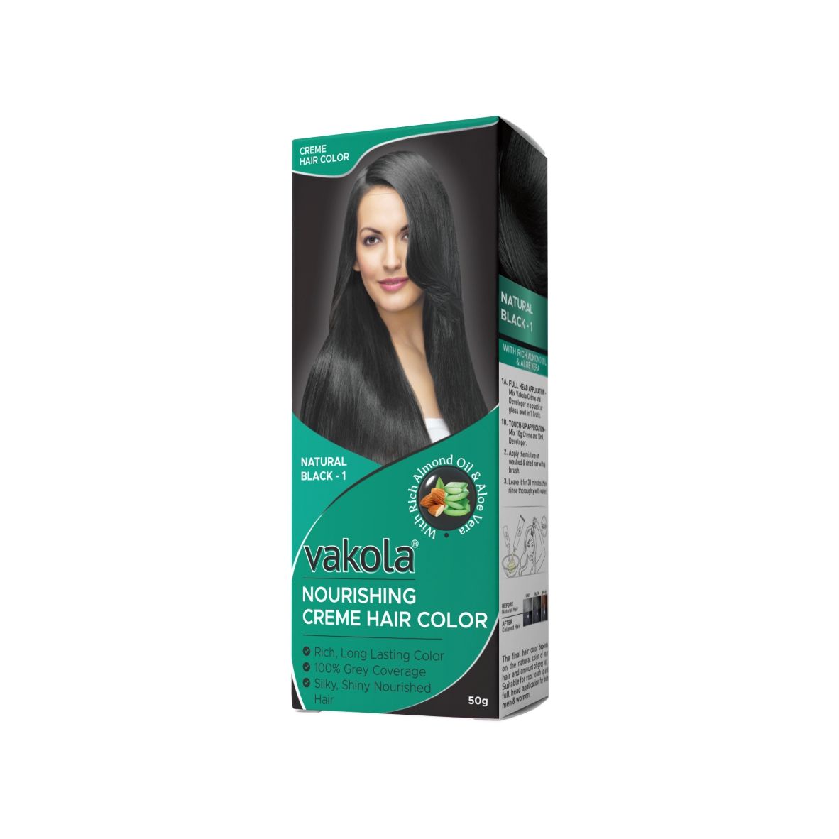 Vakola Natural Black Hair Color Cream – Pack of 1 (100ml) | Permanent, Long-Lasting Grey Coverage with Almond Oil & Aloe Vera