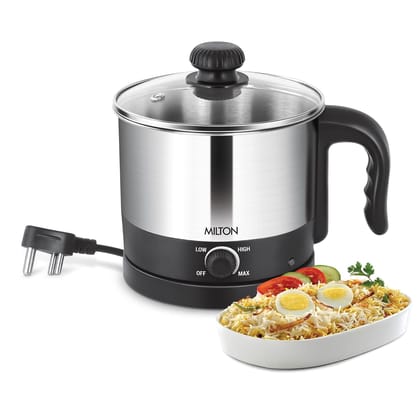 Milton Kitchen Essential Euroline Go Electro Electric Cooker With Glass Lid, 600 Watt, 1.2 Litres, Multi-Purpose Kettle Cum Steamer for Instant Noodles, Eggs, Cordless Pot