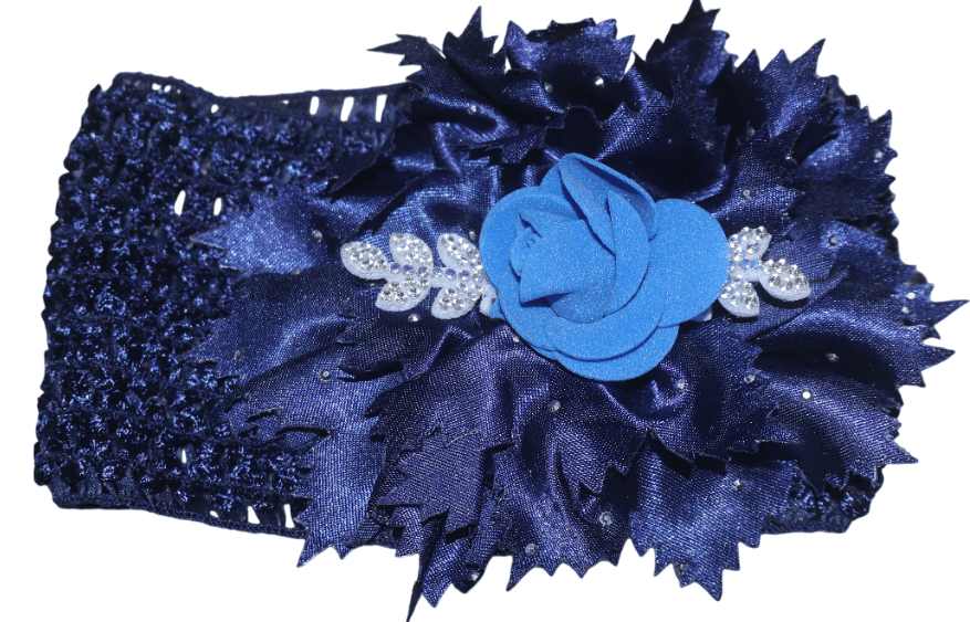 Navy Blue Floral Baby Headband with Crystal Accents