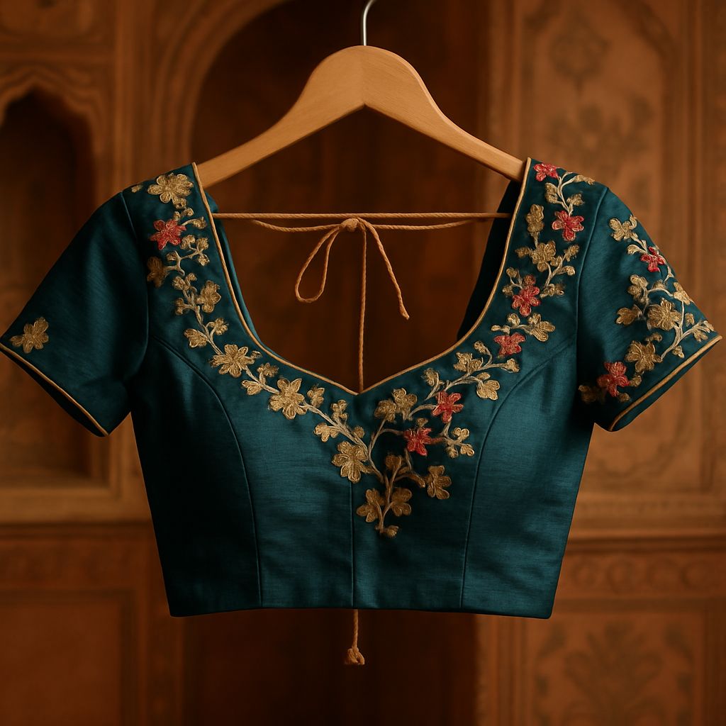 Traditional Embroidered Silk Blouse – Deep Green