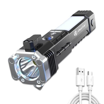HYPETECK Torch Light, LED 3W Torch Light Rechargeable Torch Flashlight, Long Distance Beam Range Car Rescue Torch with Hammer Window Glass