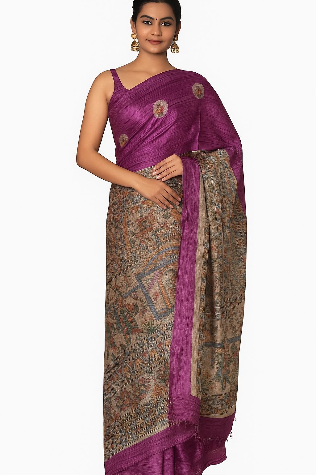 Royal Violet Madhubani Art Tussar Silk Saree