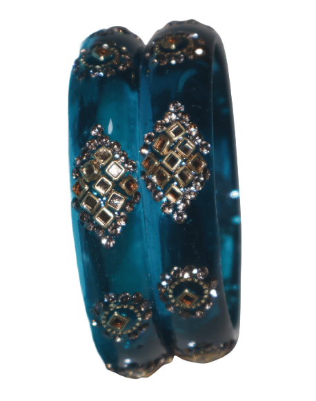 Teal Blue Bangles with Crystal and Golden Embellishments