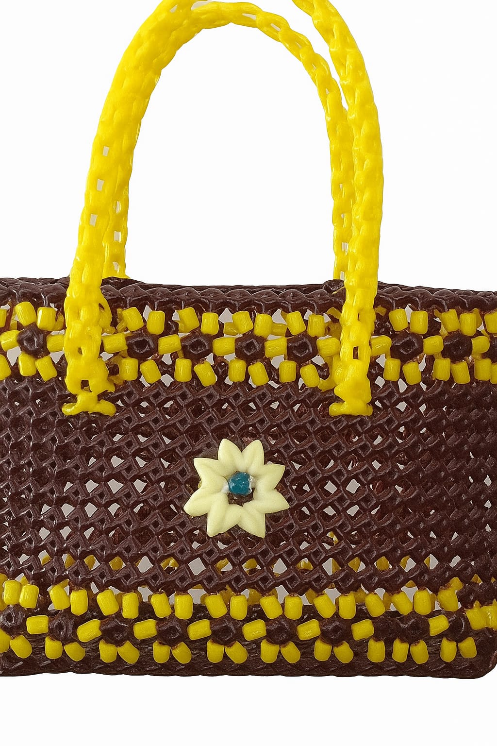 Handwoven Brown & Yellow Handbag with Floral Detail