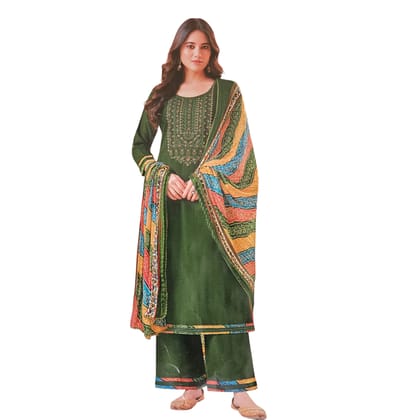 Tasmiya Elite Olive Green Embroidered Woolen Suit with Multi-Color Shawl