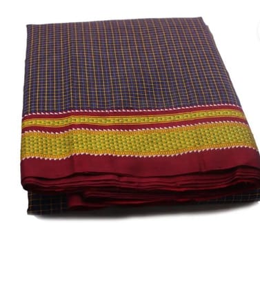 Navy Blue Checkered Saree with Contrasting Border Navy Blue Checkered Saree with Contrasting Border