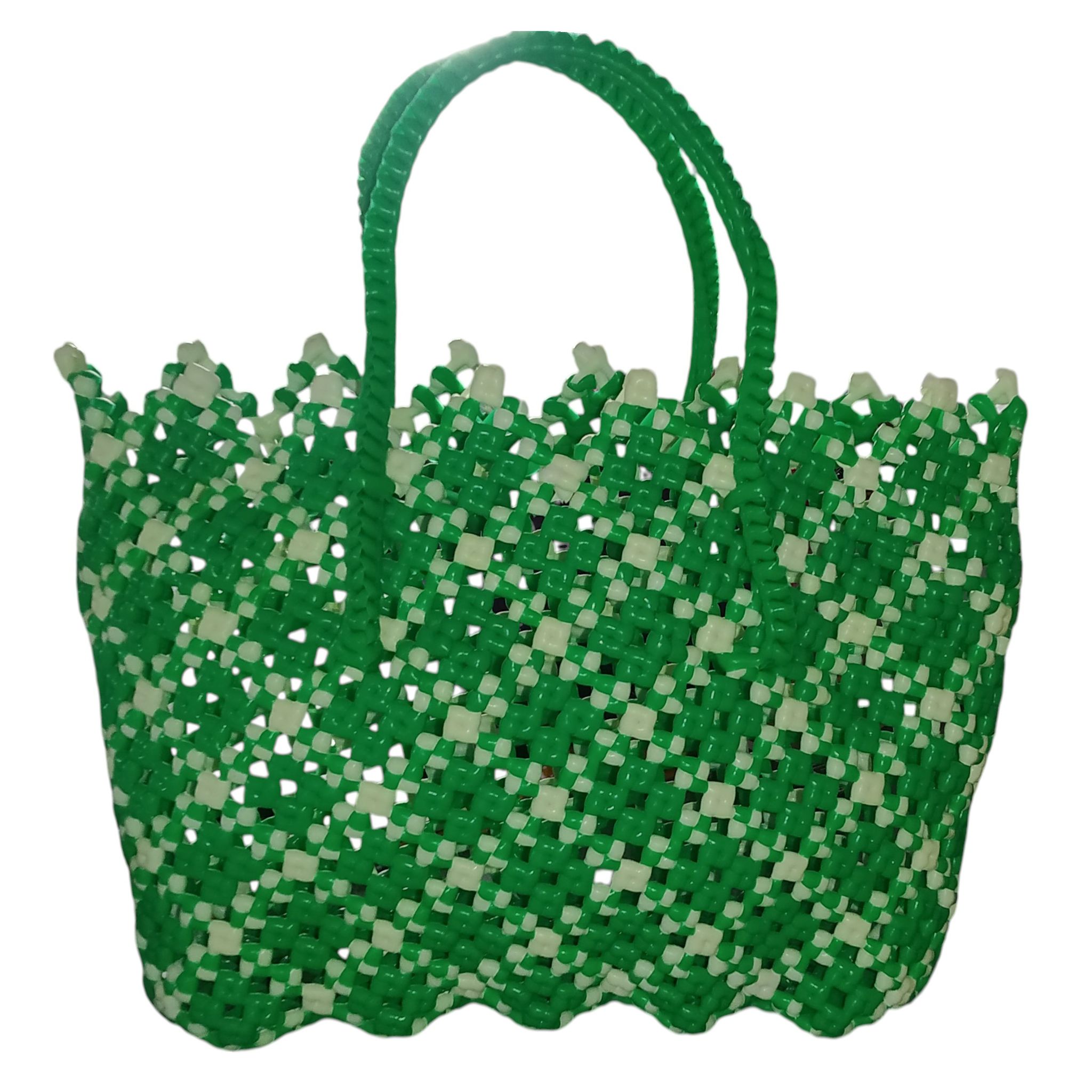 Handwoven Green & White Plastic Wire Basket Bag - Eco-Friendly Utility Bag