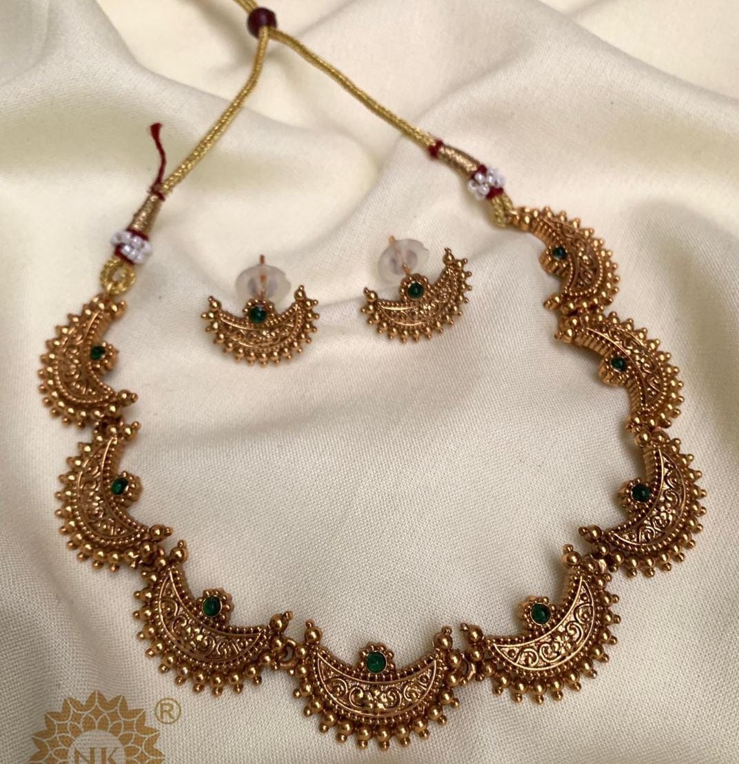 Gold-Toned Crescent Necklace & Earring Set with Green Accents