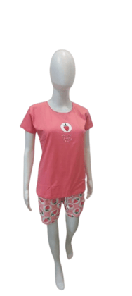 Women’s Cotton Printed Nightwear Set – Strawberry Design T-Shirt & Shorts Combo (Pink)