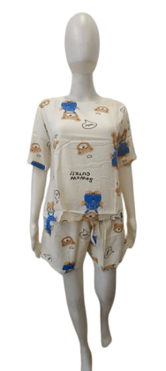 Women’s Cute Teddy Print Nightwear Set – Half Sleeve Top & Shorts Pajama Set (Cream)