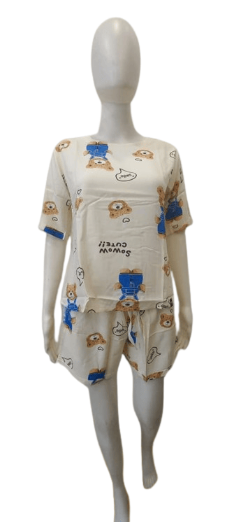 Women’s Cute Teddy Print Nightwear Set – Half Sleeve Top & Shorts Pajama Set (Cream)