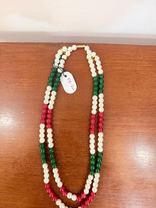 double-strand multi-color green and red moti necklace with white beads