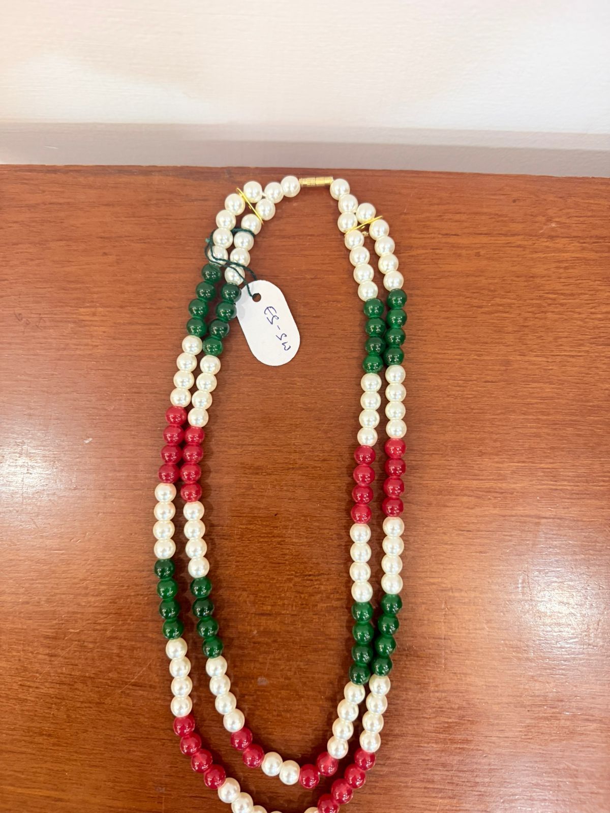 double-strand multi-color green and red moti necklace with white beads