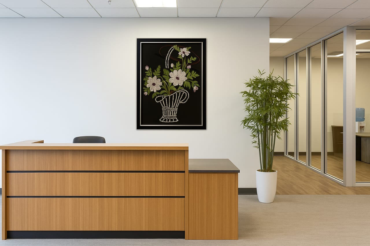 Embroidered Floral Art in Ornate Basket with Pearl Accents