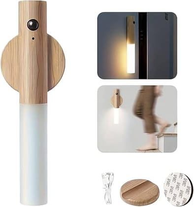 Magnetic Wall Light with Motion Sensor and USB Rechargeable. Wall Mounted Wood Torch Light Warm White for Indoor Use. Good for Bedside Lamp, Hallway, Staircase Wall Lights for Home Decoration