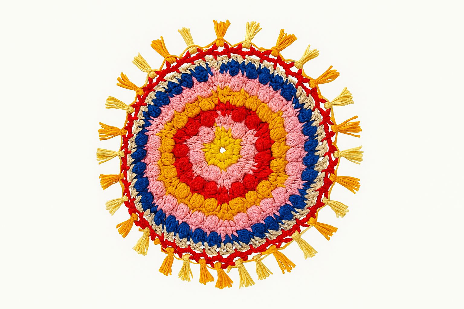 Handmade Round Crochet Mat – Multicolor Cotton Floor/Decor Mat (30 cm Diameter)