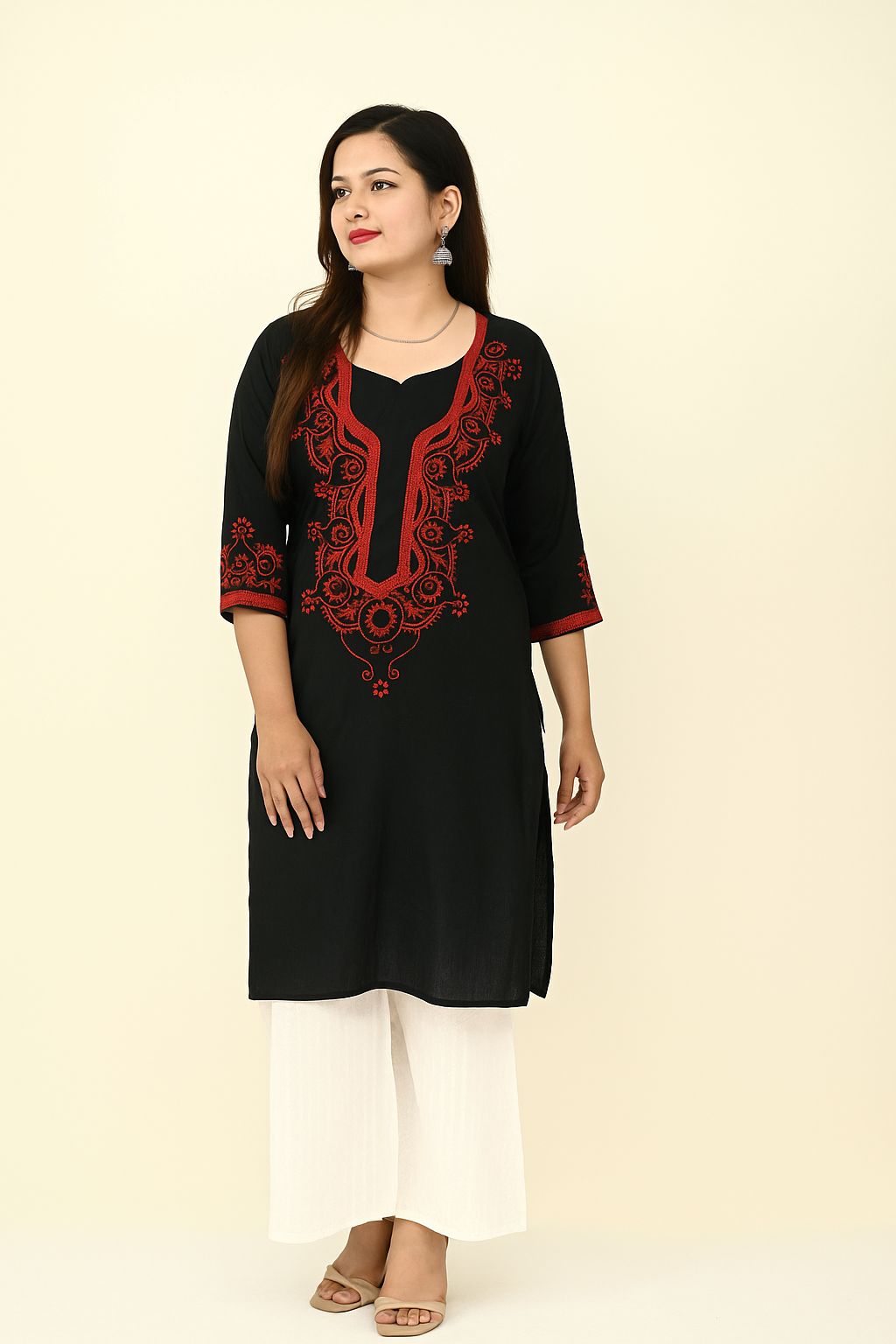 Noir Grace Kurti – Classic Elegance in Black with Red Embroidery