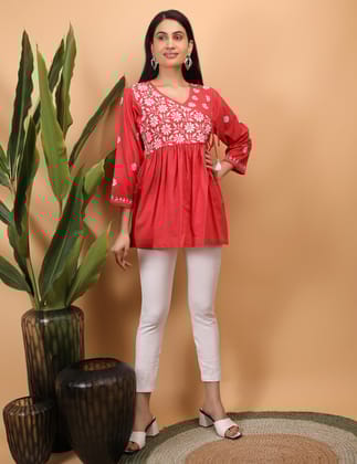 Shwet Women Red Chikankari Angarkha Top