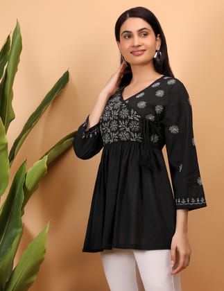 Shwet  Women Black Chikankari Angarkha Top