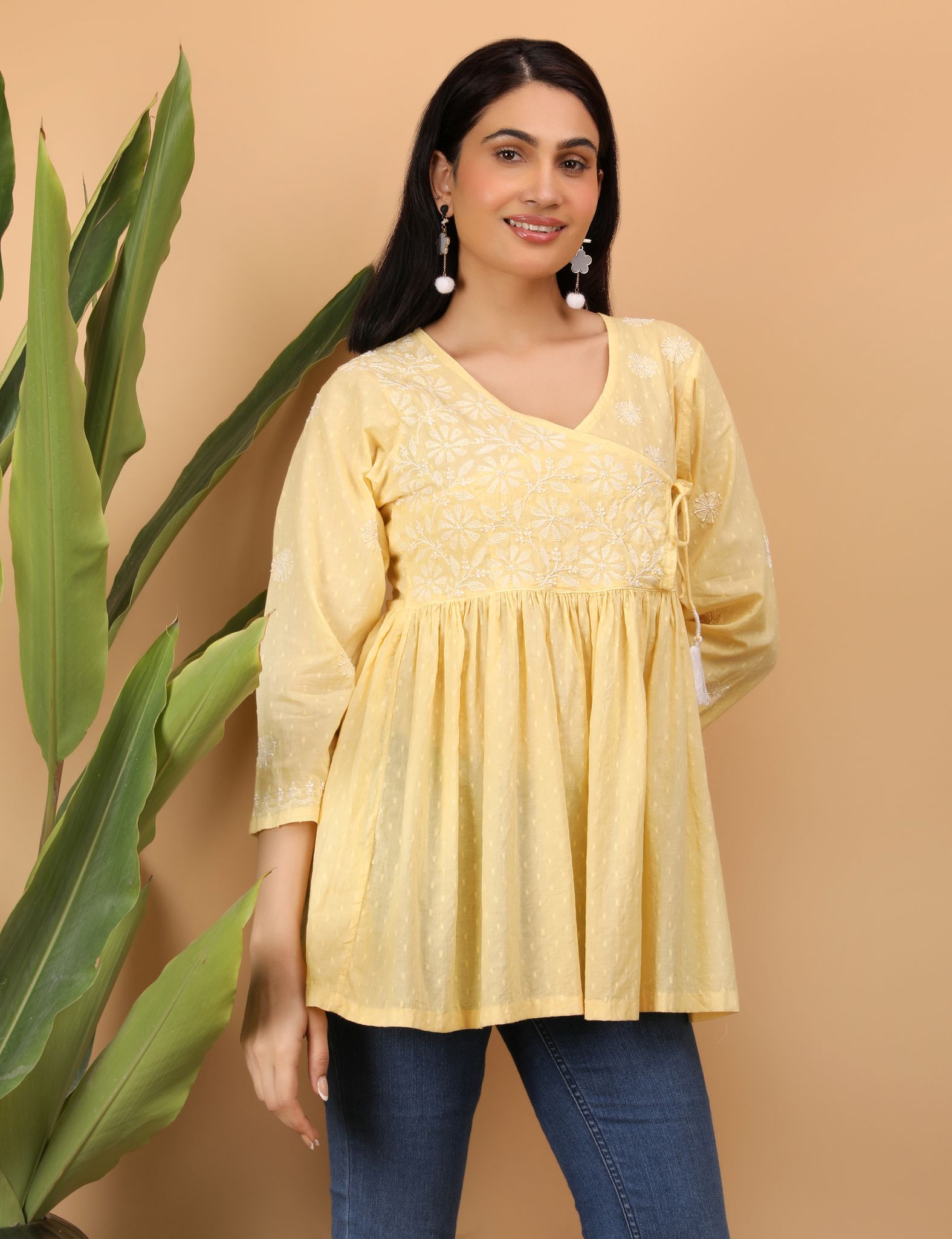 shwet yellow white women chikankari angarkha top