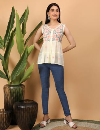 Shwet Women Yellow Chikankari Sleevless Tier Top