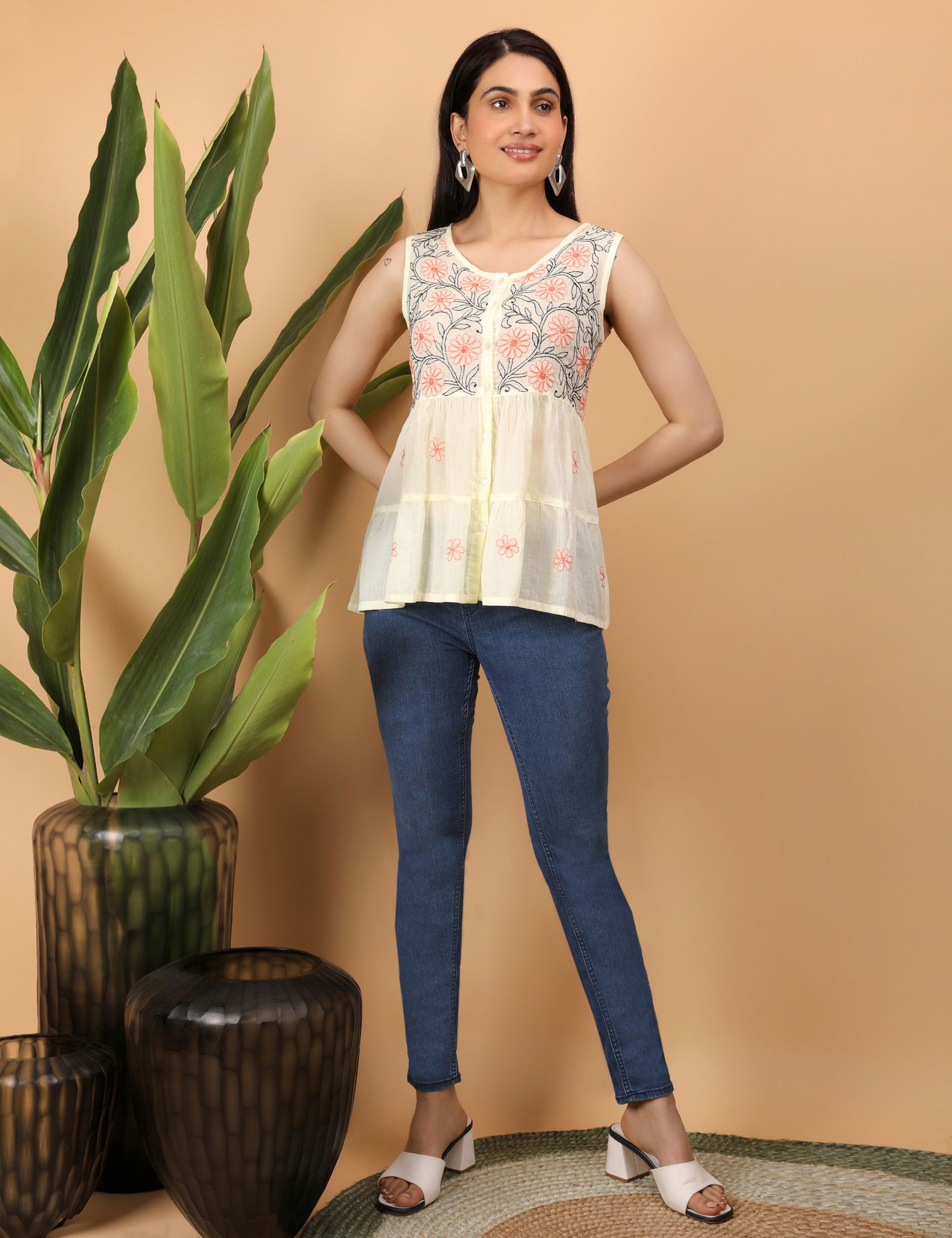 Shwet Women Yellow Chikankari Sleevless Tier Top