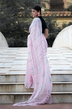 Shwet Pink grey blue Kota Cotton Chikankari Saree