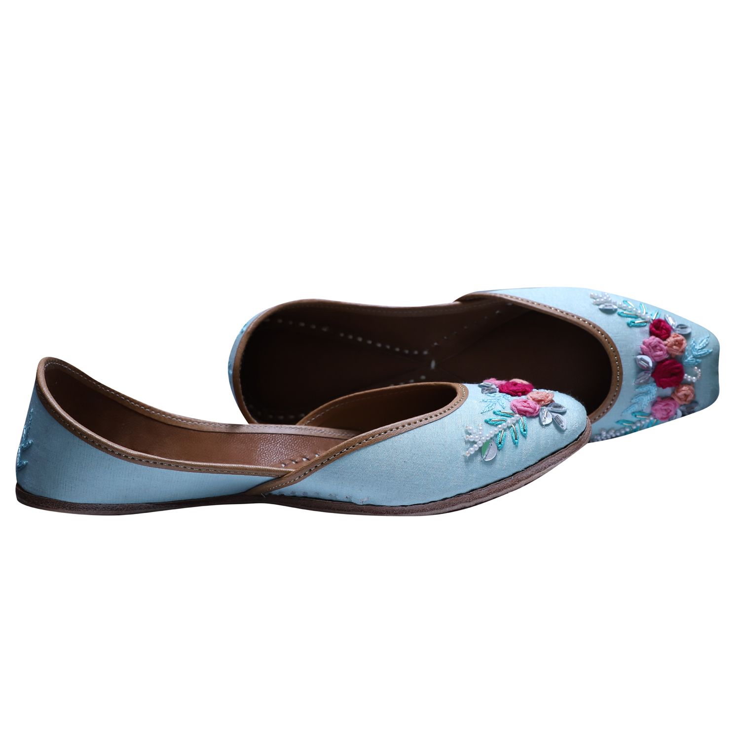 RSK ETHNIC WEAR, Sky Blue Color Embroidered Handmade Jutti for Women with Soft Leather and Double Cushion