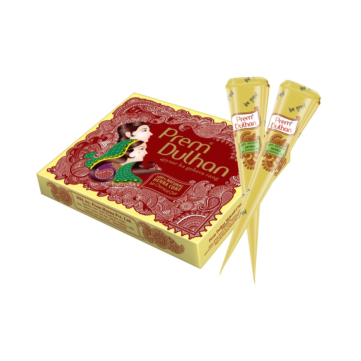 Prem Dulhan Natural Henna Mehandi Cones 12 Pcs Box, Brown Mehendi Cones, for Bridal and Festivals, Easy Application, Yellow box