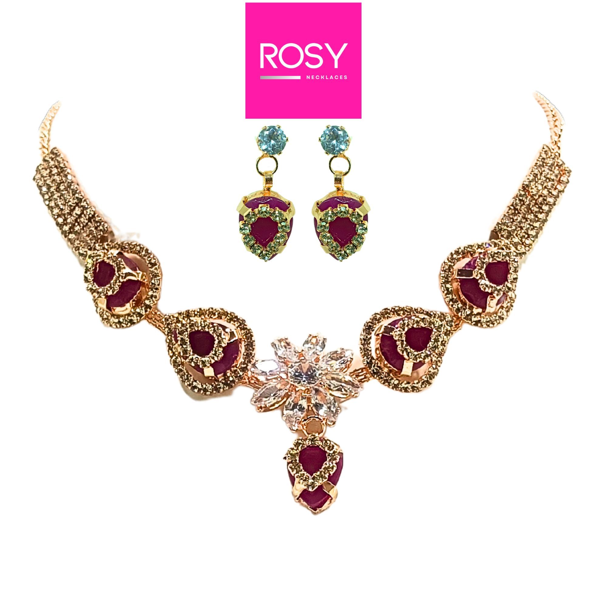Rosy Rose Gold Plated Necklace Set with Heart Pendant & Matching Earrings – Handcrafted AD & Ruby Red Stones