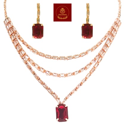 Jia Luxury Handcrafted Rose Gold Plated Necklace Set with Earrings, Red Gemstones